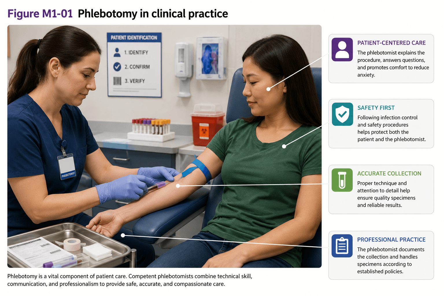 Photograph of a phlebotomist performing a venepuncture on an adult patient seated in a draw chair, with a labelled blood-collection tray in the foreground.
